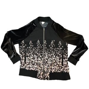 A New Day Bomber Jacket Women’s Large Black Floral Velvet Sleeves Zip